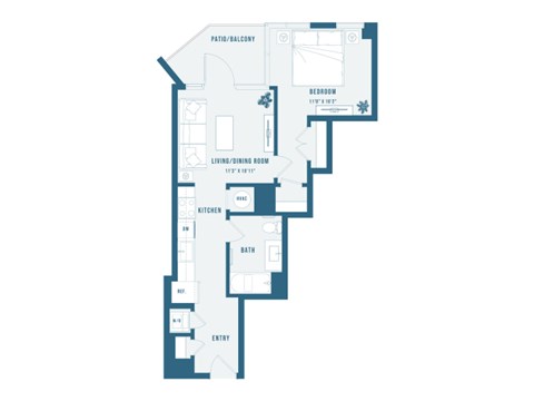 Floor plan for 1 bed, 1 bath, 594 sqft